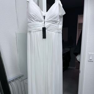 White classy floor length dress with draped shoulder sleeves